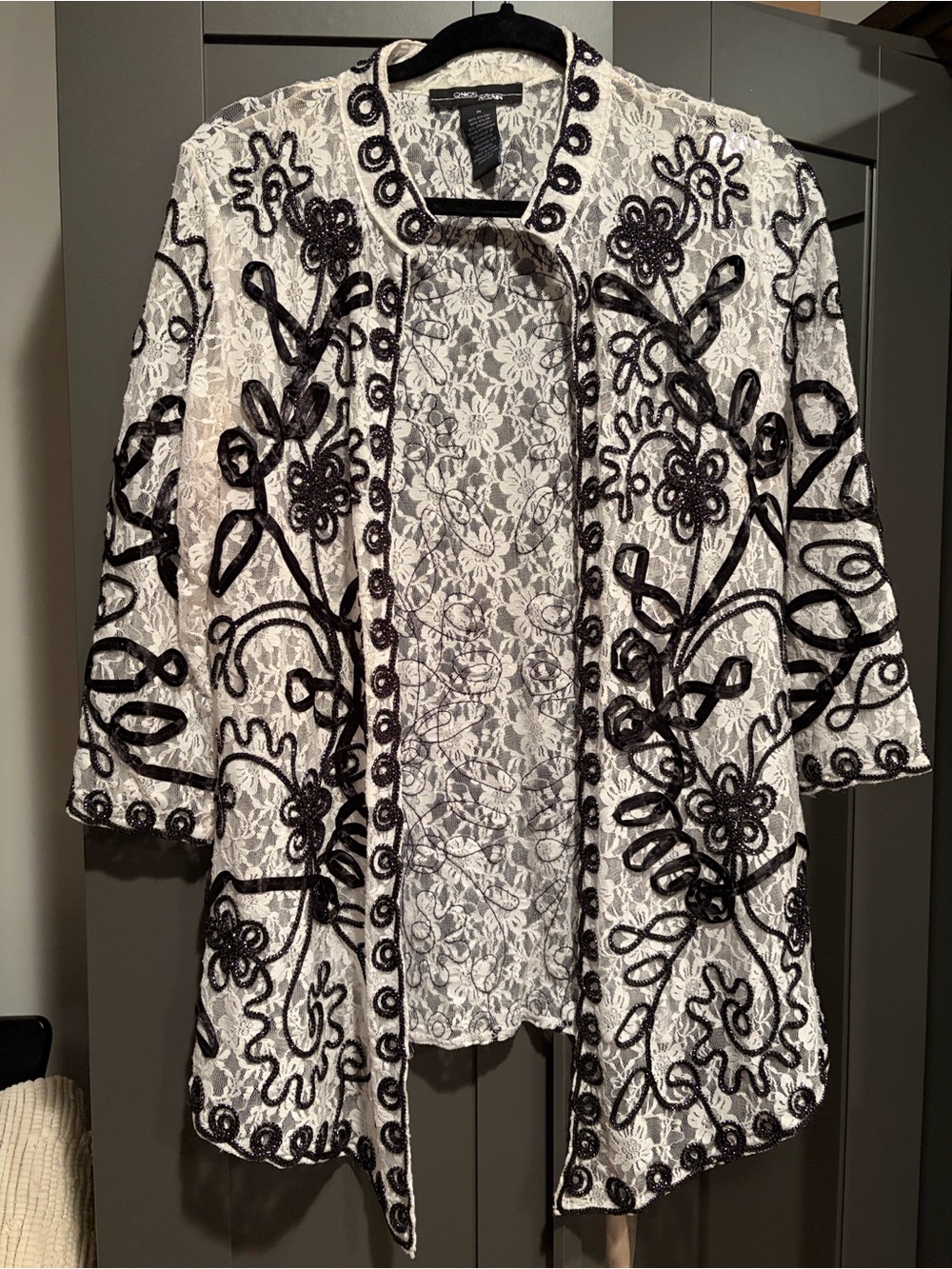 White Lace Open-Front Tunic with Black Embroidered Floral Trim